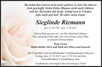 Traueranzeige von Sieglinde Riemann von Trauerkombi Quedlinburg