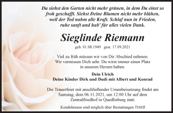Traueranzeige von Sieglinde Riemann von Trauerkombi Quedlinburg