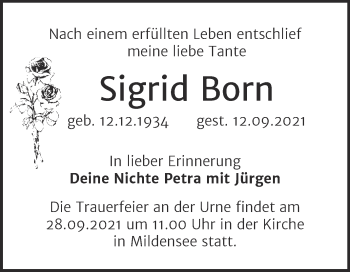 Traueranzeige von Sigrid Born von Trauerkombi Dessau
