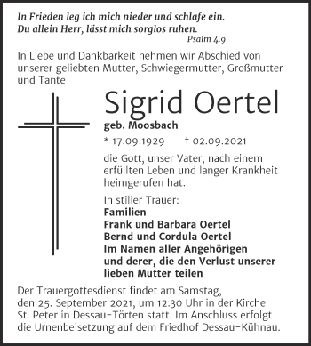 Traueranzeige von Sigrid Oertel von Trauerkombi Dessau