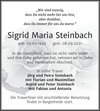 Traueranzeige von Sigrid Maria Steinbach von Mitteldeutsche Zeitung Halle/Saalkreis
