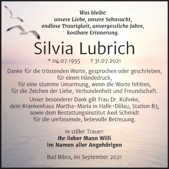 Traueranzeige von Silvia Lubrich von Wochenspiegel Naumburg/Nebra