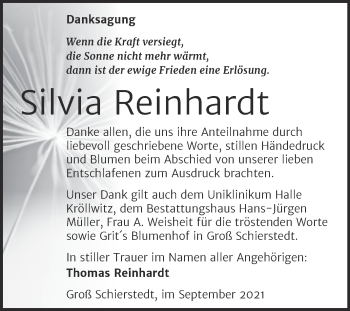 Traueranzeige von Silvia Reinhardt von Trauerkombi Aschersleben