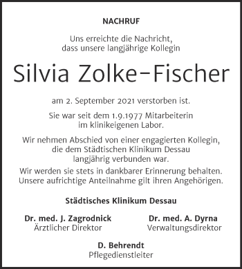 Traueranzeige von Silvia Zolke-Fischer von Mitteldeutsche Zeitung Dessau-Roßlau