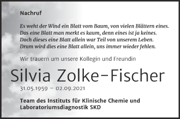 Traueranzeige von Silvia Zolke-Fischer von Super Sonntag Dessau-Roßlau