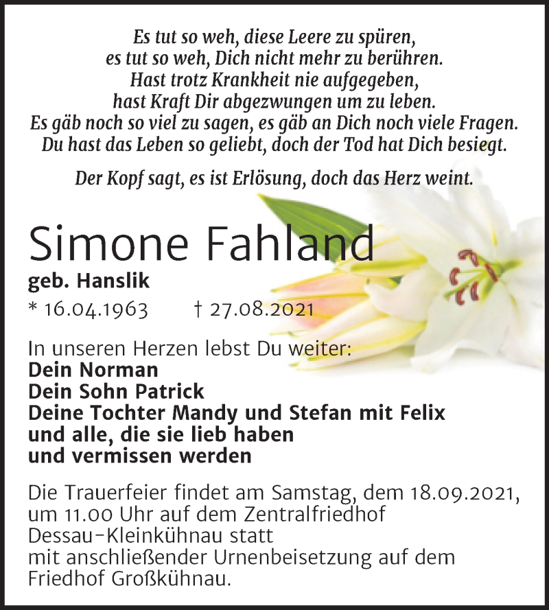  Traueranzeige für Simone Fahland vom 04.09.2021 aus Trauerkombi Dessau