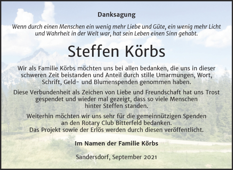  Traueranzeige für Steffen Körbs vom 11.09.2021 aus Trauerkombi Bitterfeld