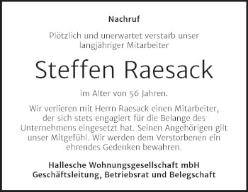 Traueranzeige von Steffen Raesack von Mitteldeutsche Zeitung Halle/Saalkreis