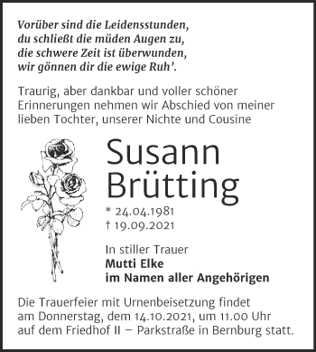 Traueranzeige von Susann Brütting von Trauerkombi Bernburg