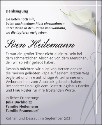Traueranzeige von Sven Heilemann von Trauerkombi Köthen