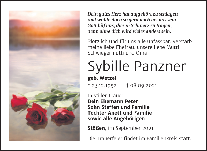  Traueranzeige für Sybille Panzner vom 11.09.2021 aus Super Sonntag Naumburg/Nebra