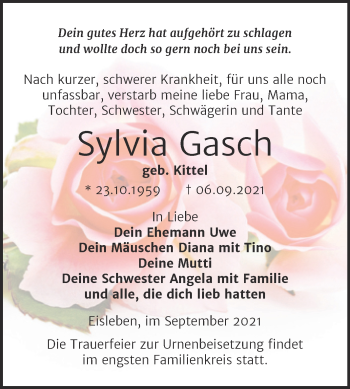 Traueranzeige von Sylvia Gasch von Trauerkombi Mansfelder Land
