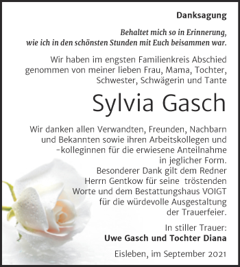 Traueranzeige von Sylvia Gasch von Trauerkombi Mansfelder Land