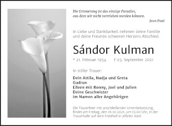 Traueranzeige von Sándor Kulman von Trauerkombi Bitterfeld