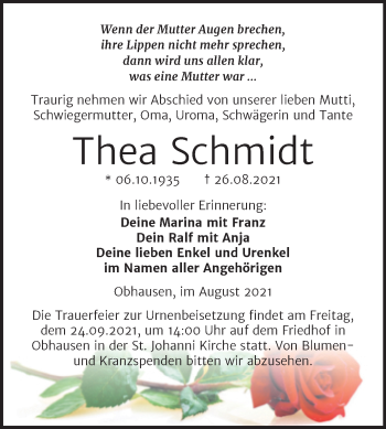 Traueranzeige von Thea Schmidt von Trauerkombi Merseburg