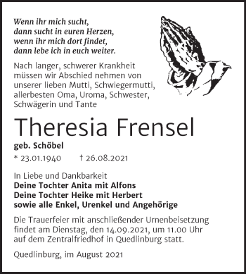Traueranzeige von Theresia Frensel von Trauerkombi Quedlinburg