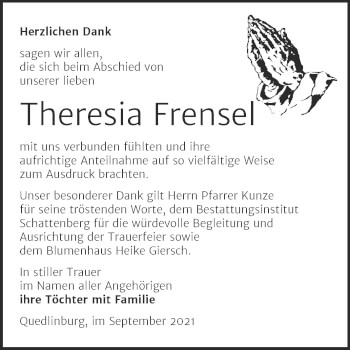 Traueranzeige von Theresia Frensel von Trauerkombi Quedlinburg