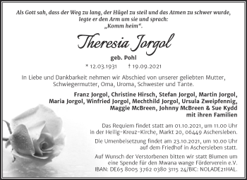 Traueranzeige von Theresia Jorgol von Trauerkombi Aschersleben