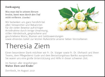 Traueranzeige von Theresia Ziem von Trauerkombi Köthen