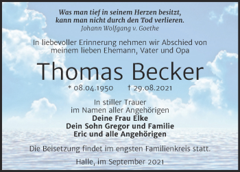 Traueranzeige von Thomas Becker von Mitteldeutsche Zeitung Halle/Saalkreis