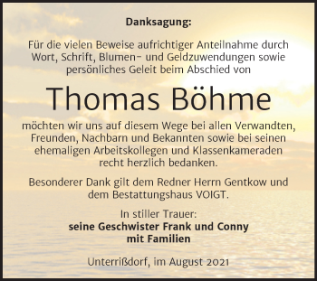 Traueranzeige von Thomas Böhme von Trauerkombi Mansfelder Land