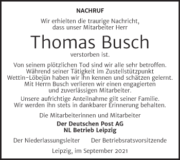 Traueranzeige von Thomas Busch von Mitteldeutsche Zeitung Halle/Saalkreis