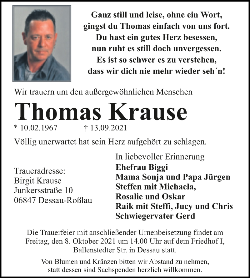  Traueranzeige für Thomas Krause vom 25.09.2021 aus Trauerkombi Dessau