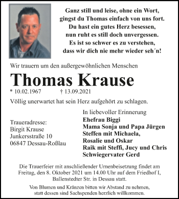 Traueranzeige von Thomas Krause von Trauerkombi Dessau