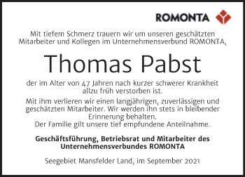 Traueranzeige von Thomas Pabst von Mitteldeutsche Zeitung Halle/Saalkreis