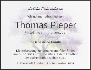 Traueranzeige von Thomas Pieper von Trauerkombi Mansfelder Land