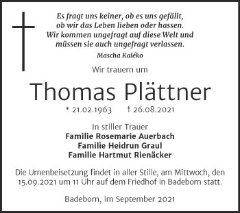 Traueranzeige von Thomas Plättner von Trauerkombi Quedlinburg