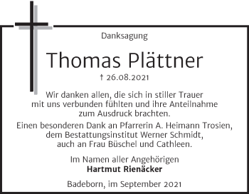Traueranzeige von Thomas Plättner von Trauerkombi Quedlinburg