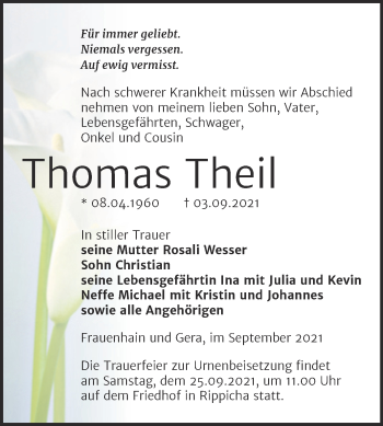Traueranzeige von Thomas Theil von Trauerkombi Zeitz