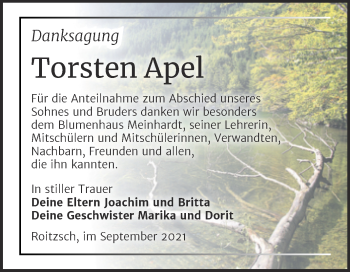 Traueranzeige von Torsten Apel von Trauerkombi Bitterfeld
