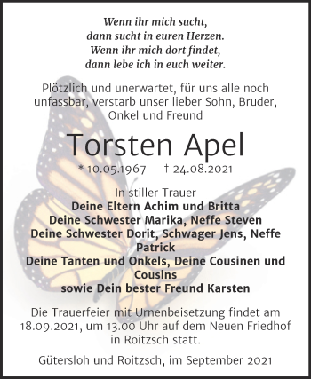 Traueranzeige von Torsten Apel von Trauerkombi Bitterfeld