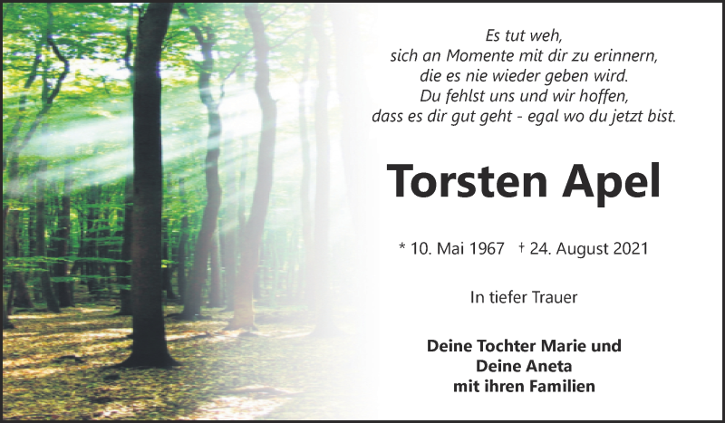  Traueranzeige für Torsten Apel vom 11.09.2021 aus Trauerkombi Bitterfeld