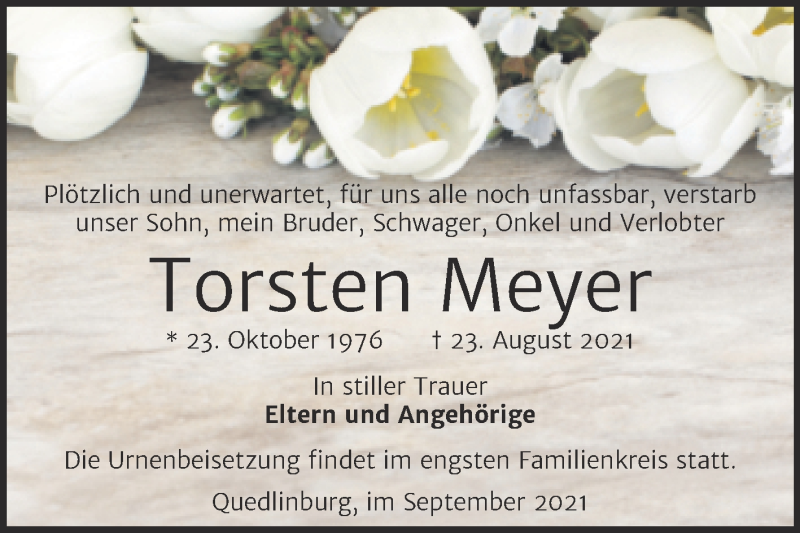  Traueranzeige für Torsten Meyer vom 11.09.2021 aus Trauerkombi Quedlinburg
