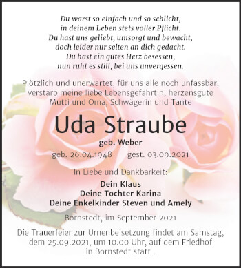 Traueranzeige von Uda Straube von Trauerkombi Mansfelder Land