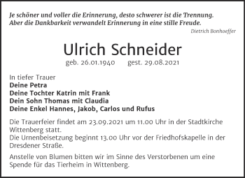 Traueranzeige von Ulrich Schneider von Trauerkombi Wittenberg