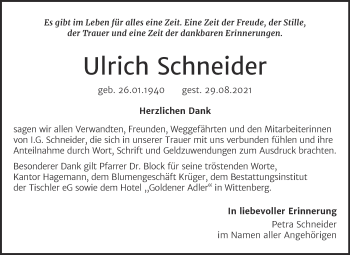 Traueranzeige von Ulrich Schneider von Trauerkombi Wittenberg