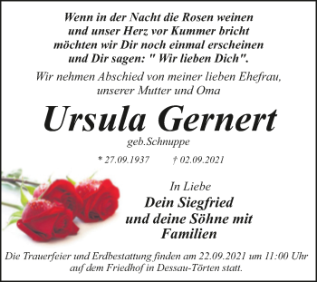 Traueranzeige von Ursula Gernert von Trauerkombi Dessau