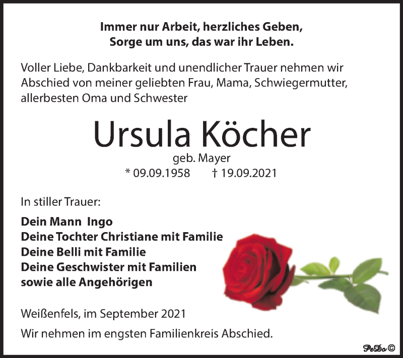  Traueranzeige für Ursula Köcher vom 25.09.2021 aus Trauerkombi Weißenfels