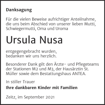 Traueranzeige von Ursula Nusa von Trauerkombi Zeitz