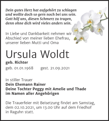 Traueranzeige von Ursula Woldt von Trauerkombi Bitterfeld