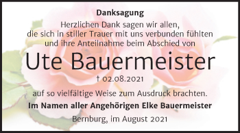 Traueranzeige von Ute Bauermeister von Trauerkombi Bernburg