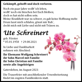 Traueranzeige von Ute Schreinert von Trauerkombi Aschersleben