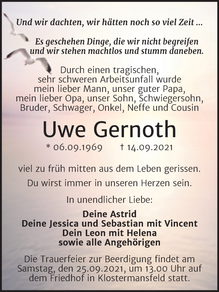  Traueranzeige für Uwe Gernoth vom 23.09.2021 aus Mitteldeutsche Zeitung Mansfelder Land