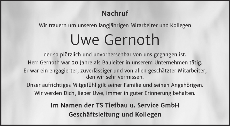  Traueranzeige für Uwe Gernoth vom 28.09.2021 aus Mitteldeutsche Zeitung Mansfelder Land