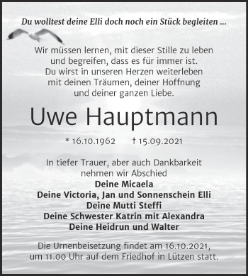 Traueranzeige von Uwe Hauptmann von Trauerkombi Weißenfels