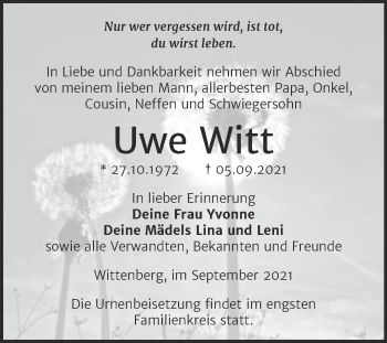 Traueranzeige von Uwe Witt von Trauerkombi Wittenberg